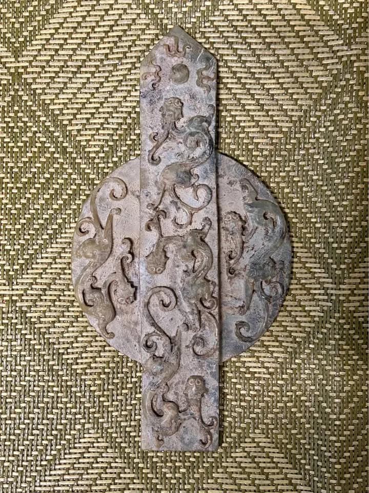 Chinese Carved Jade Bi Disc with Gui Tablet, and Han Dynasty Chilong Jade Sword Slide