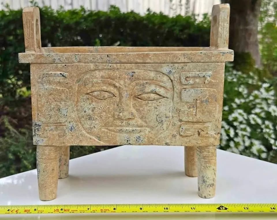 Archaic Square Jade Ding with Auspicious-Cloud and Taotie Motif (Possibly Shang Dynasty)